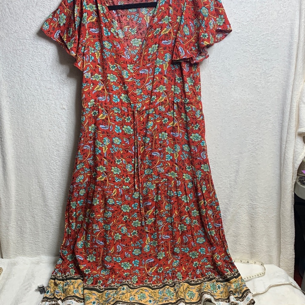 Boho Floral Red Midi Dress with Flutter Sleeves women’s Sz S